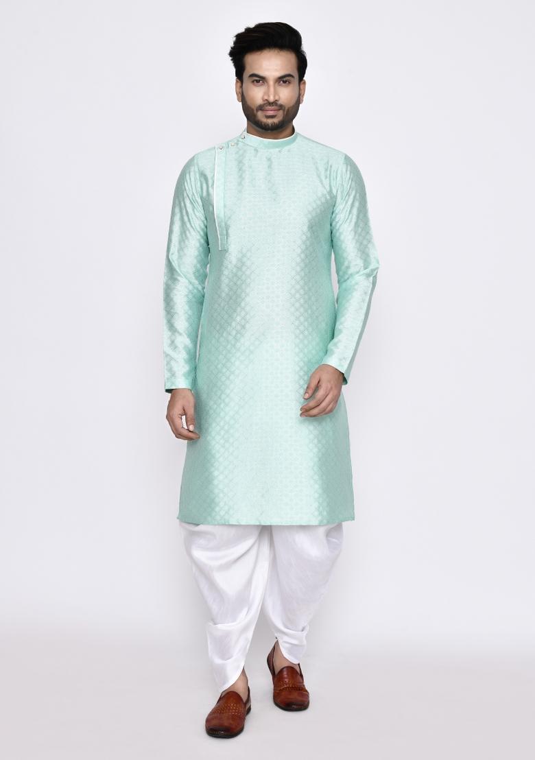 Sea Green Plain Silk Kurta For Men