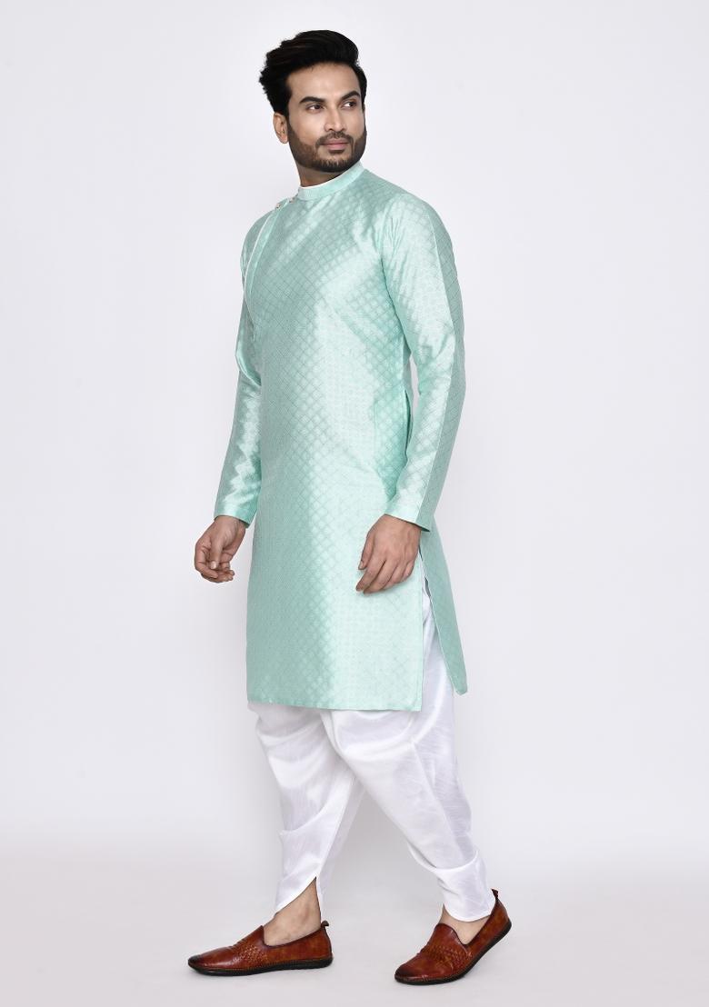 Sea Green Plain Silk Kurta For Men