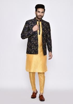Beige Plain Art Silk Kurta Set For Men