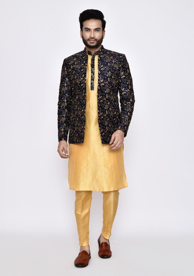 Beige Plain Art Silk Kurta Set For Men