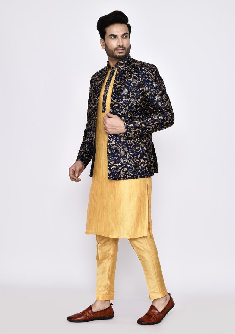 Beige Plain Art Silk Kurta Set For Men
