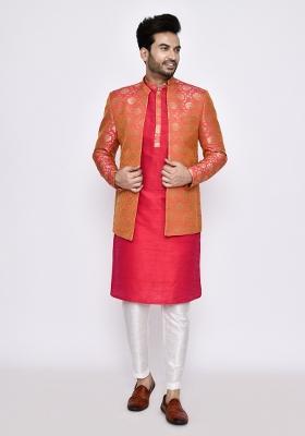 Rani Pink Plain Art Silk Kurta Set For Men