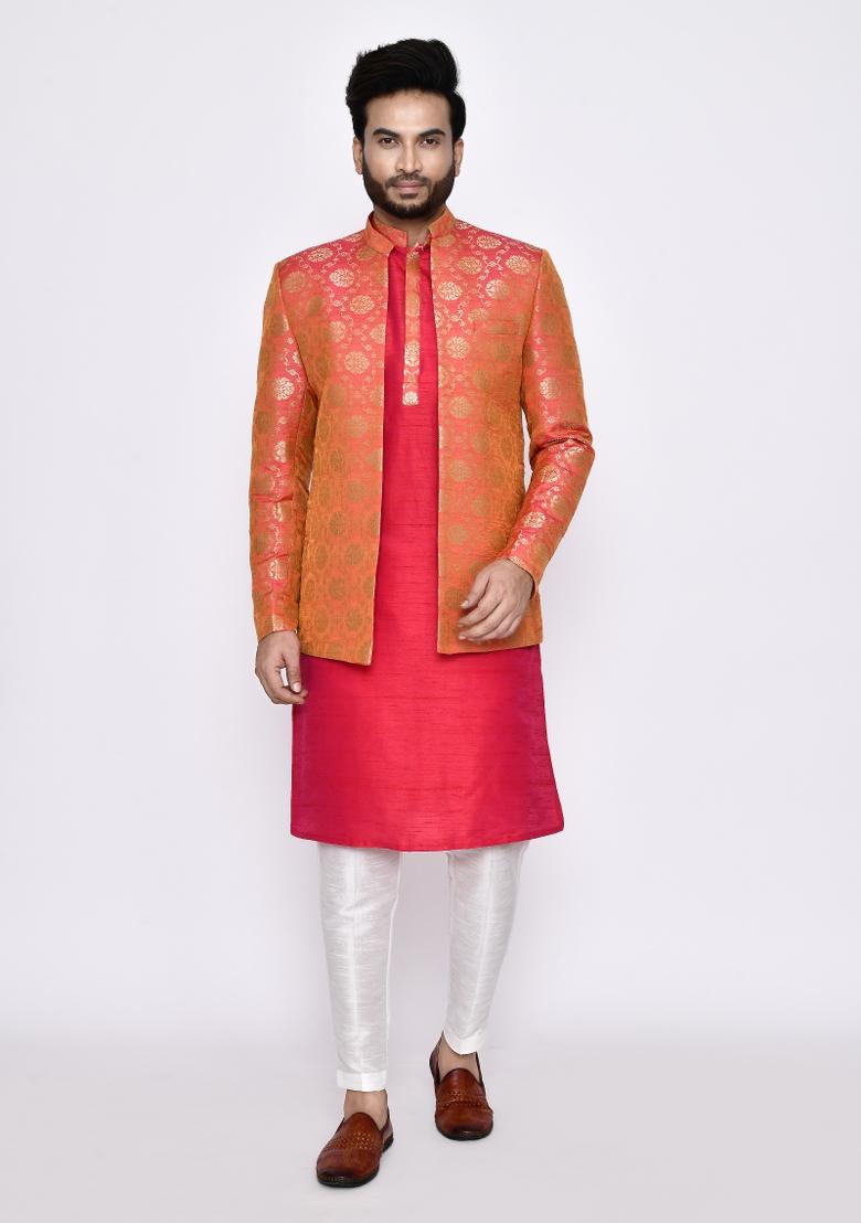 Rani Pink Plain Art Silk Kurta Set For Men