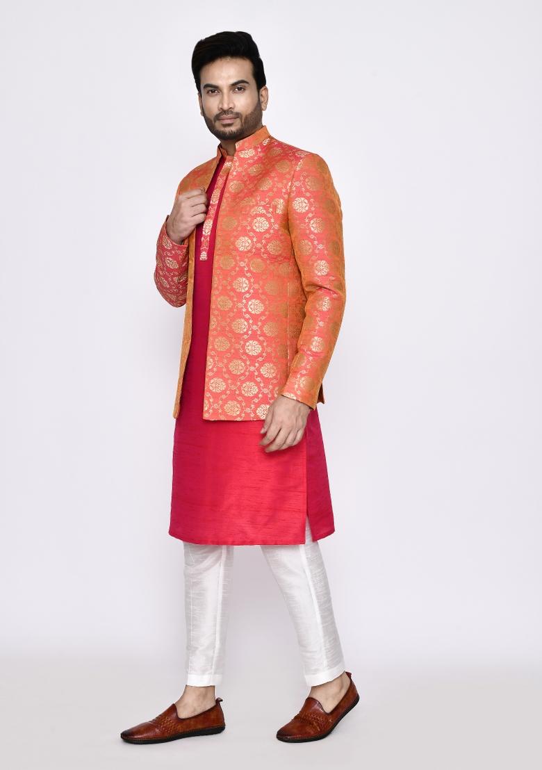 Rani Pink Plain Art Silk Kurta Set For Men