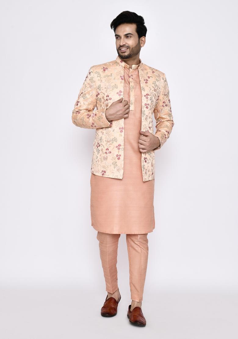 Peach Plain Art Silk Kurta Set For Men