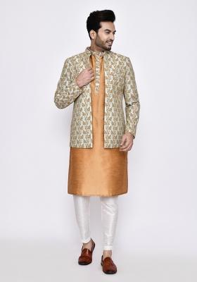 Dark Beige Plain Art Silk Kurta Set For Men