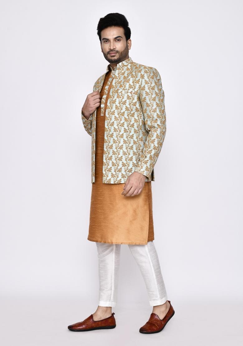 Dark Beige Plain Art Silk Kurta Set For Men
