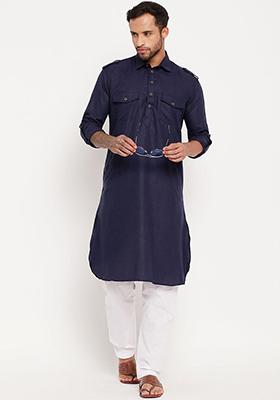 Navy Blue Plain Cotton Blend Kurta Set For Men