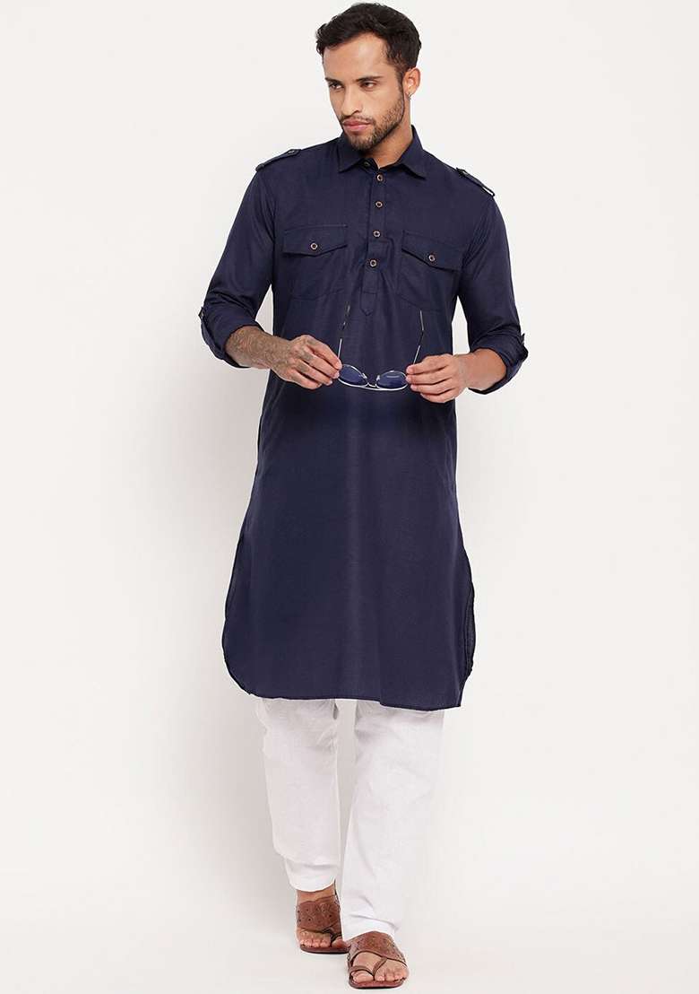 Navy Blue Plain Cotton Blend Kurta Set For Men - Indya