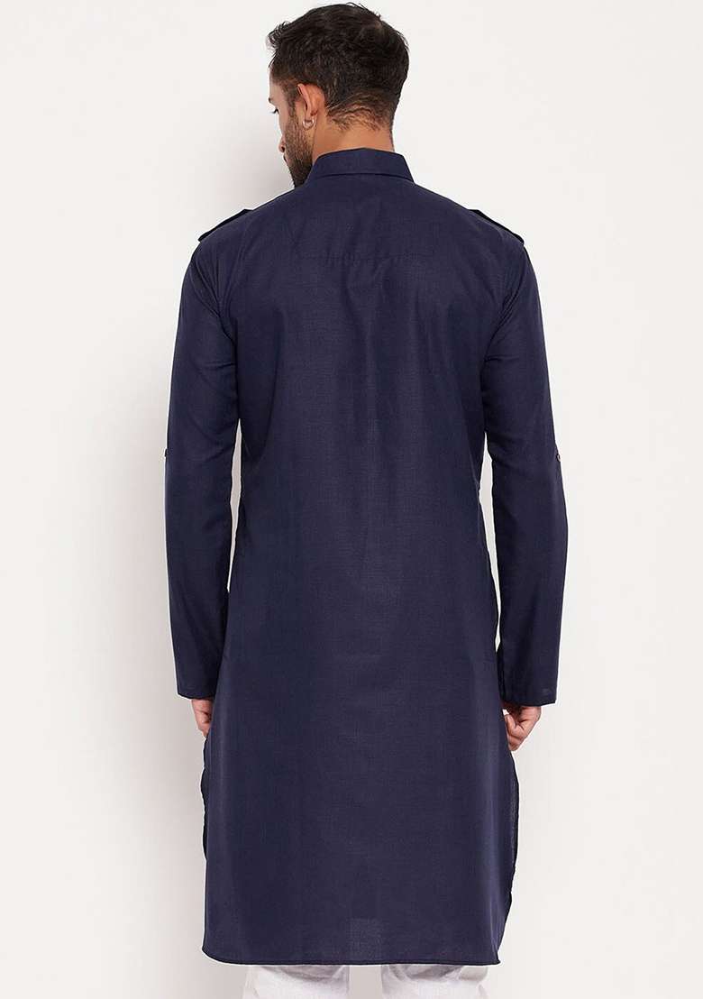 Navy Blue Plain Cotton Blend Kurta Set For Men - Indya