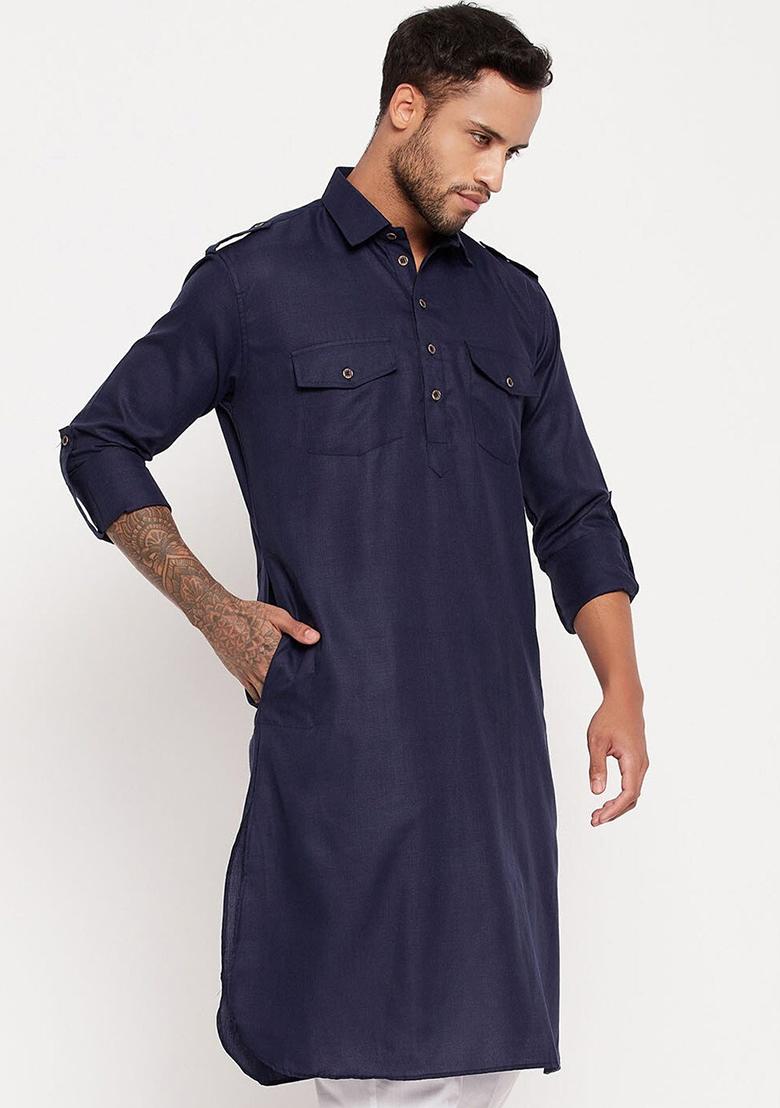 Navy Blue Plain Cotton Blend Kurta Set For Men