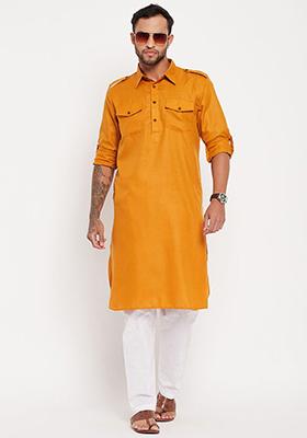 Mustard Yellow Plain Cotton Blend Kurta Set For Men