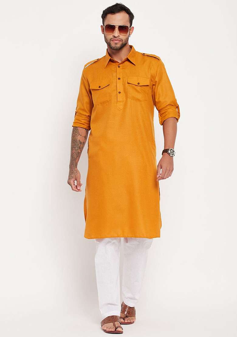 Mustard Yellow Plain Cotton Blend Kurta Set For Men - Indya