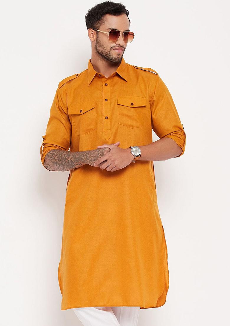 Mustard Yellow Plain Cotton Blend Kurta Set For Men