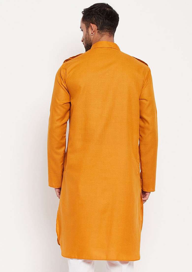 Mustard Yellow Plain Cotton Blend Kurta Set For Men - Indya