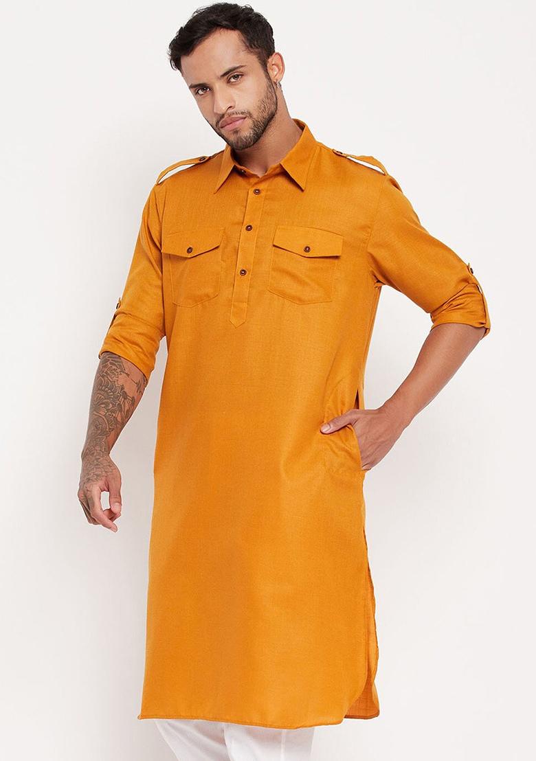 Mustard Yellow Plain Cotton Blend Kurta Set For Men
