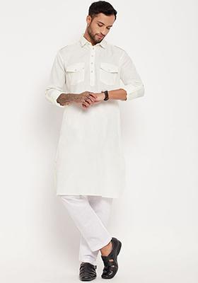 White Plain Cotton Blend Kurta Set For Men