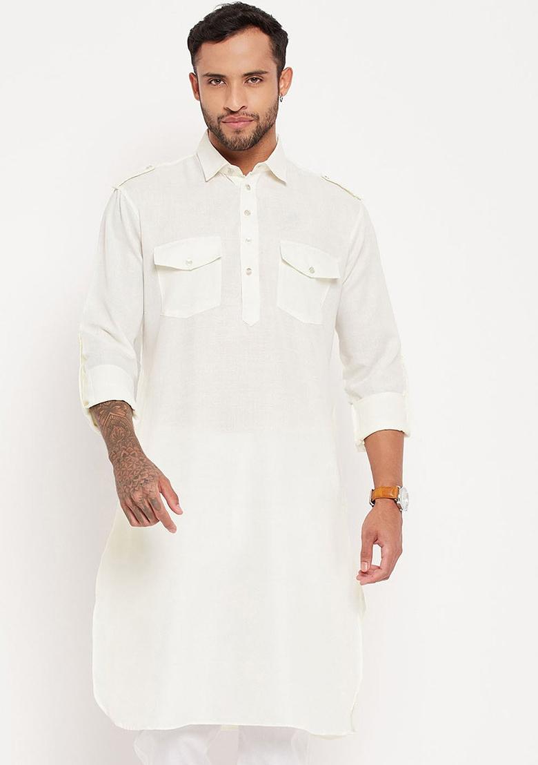 White Plain Cotton Blend Kurta Set For Men