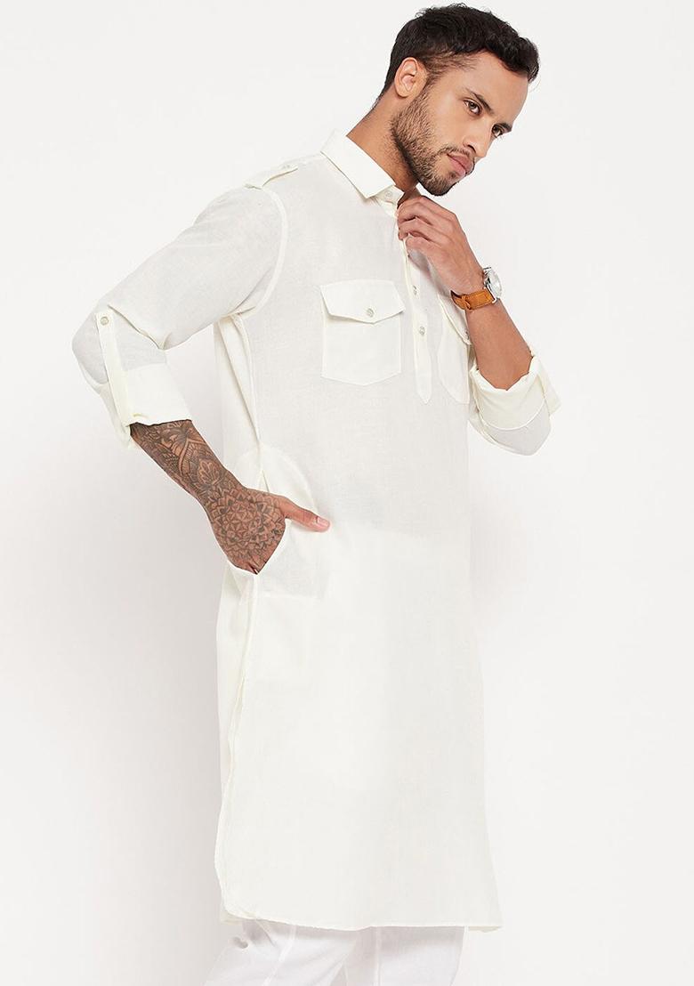 White Plain Cotton Blend Kurta Set For Men