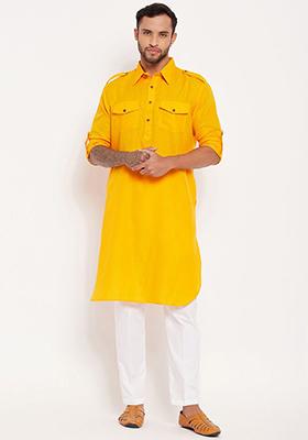 Yellow Plain Cotton Blend Kurta Set For Men