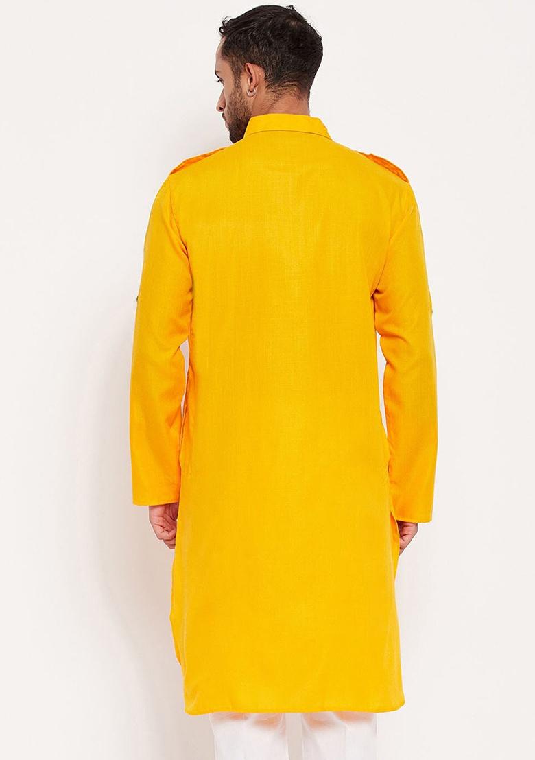 Yellow Plain Cotton Blend Kurta Set For Men