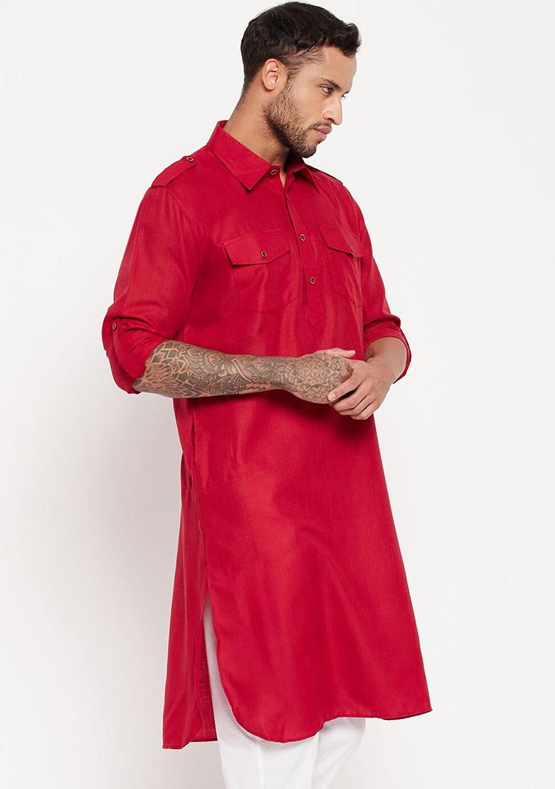 Fushcia Pink Plain Cotton Blend Kurta Set For Men
