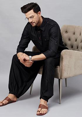 Black Plain Cotton Blend Kurta Set For Men