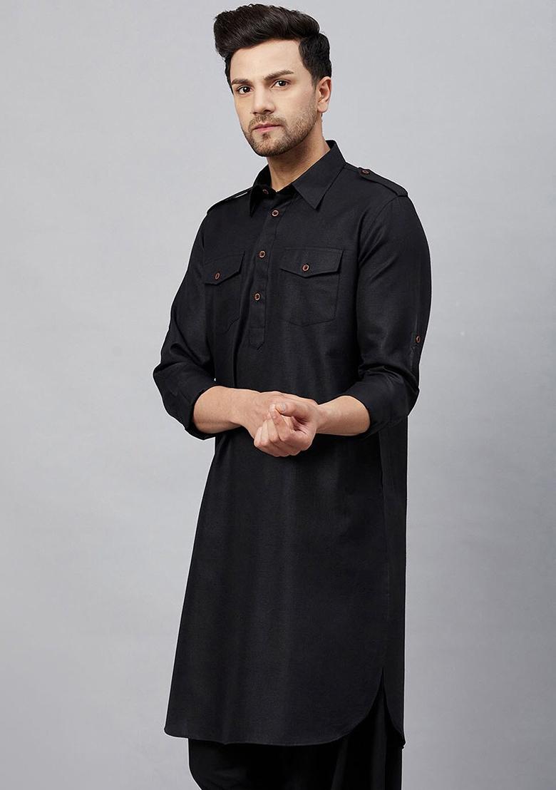 Black Plain Cotton Blend Kurta Set For Men