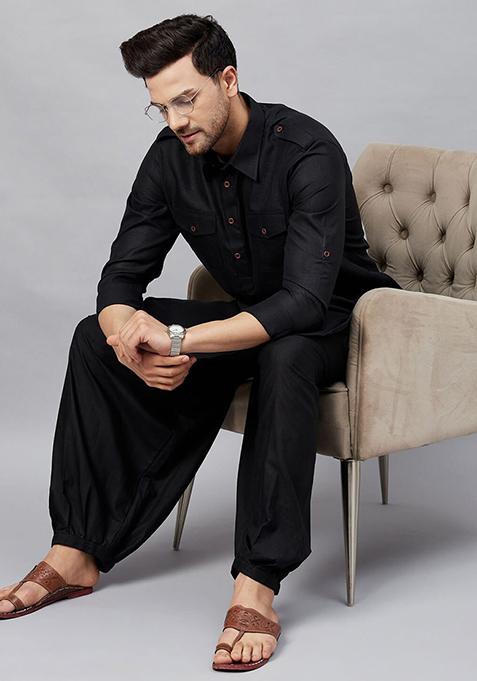 Black Plain Cotton Blend Kurta Set For Men