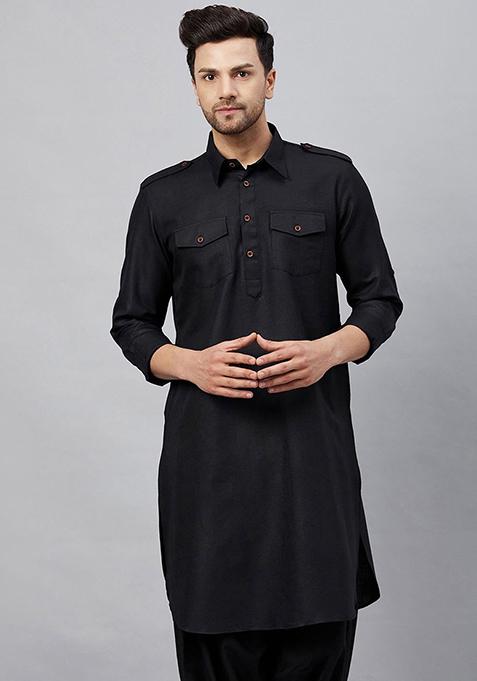 Black Plain Cotton Blend Kurta Set For Men