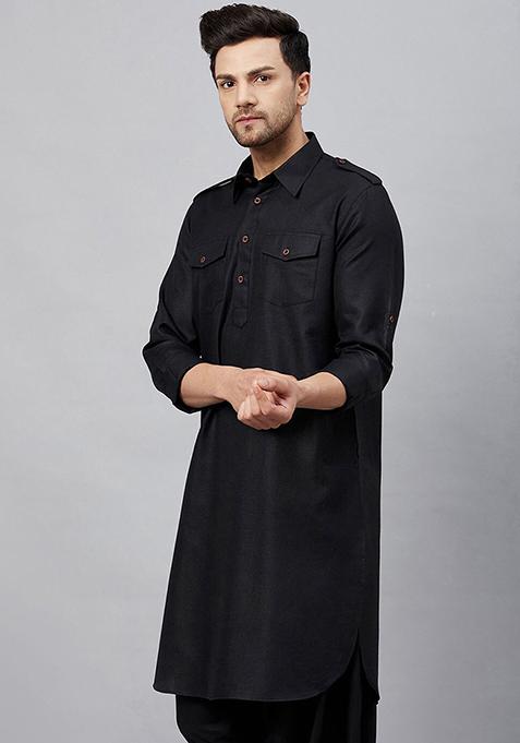Black Plain Cotton Blend Kurta Set For Men