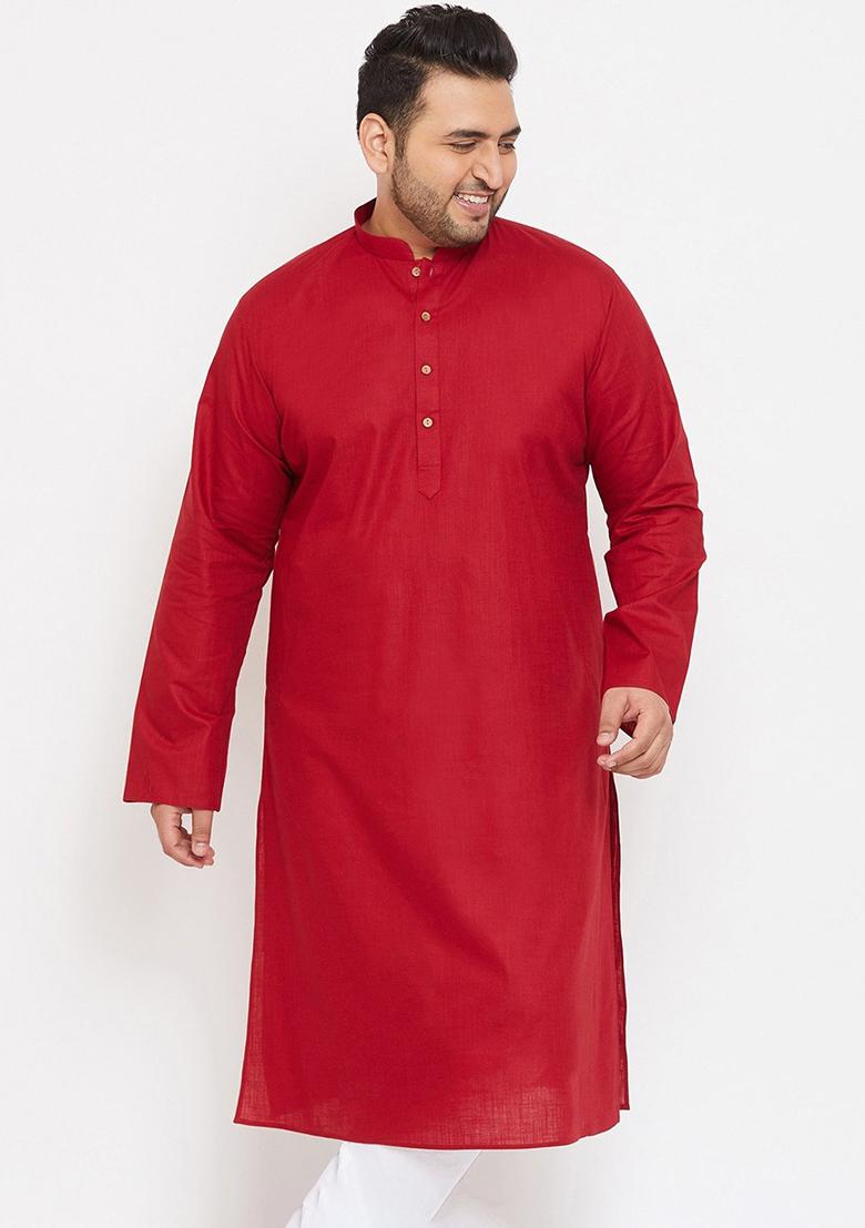 Red Plain Cotton Blend Kurta Set For Men