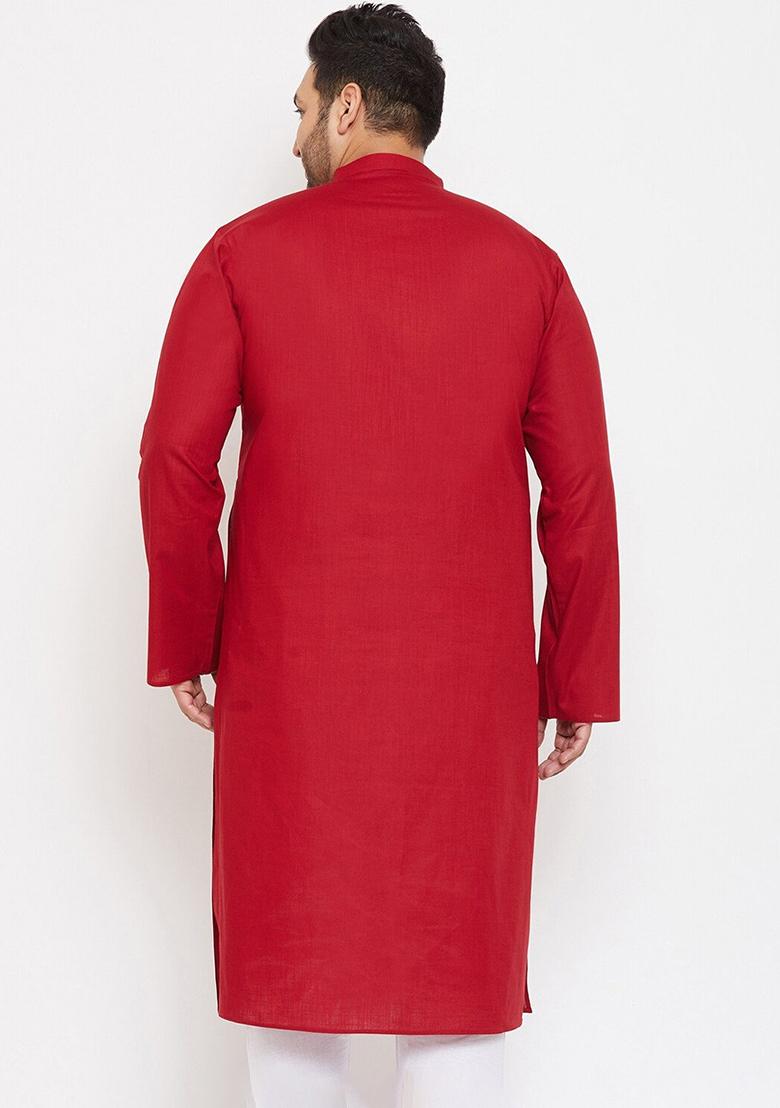 Red Plain Cotton Blend Kurta Set For Men