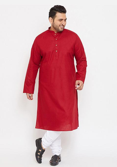 Red Plain Cotton Blend Kurta Set For Men