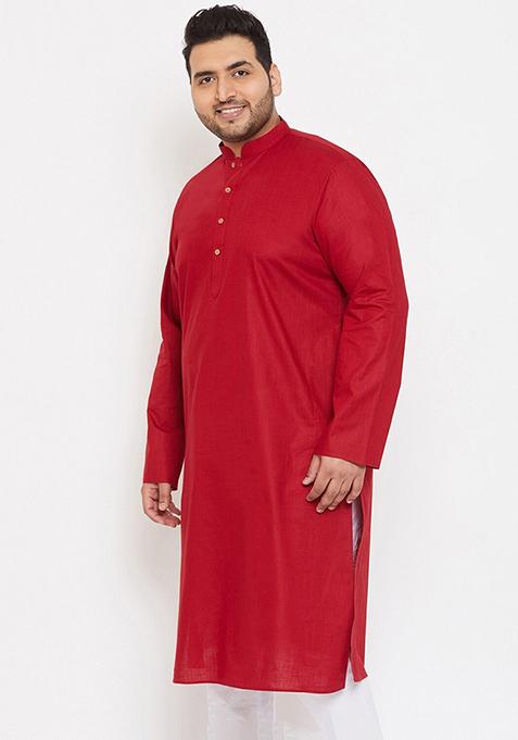 Red Plain Cotton Blend Kurta Set For Men