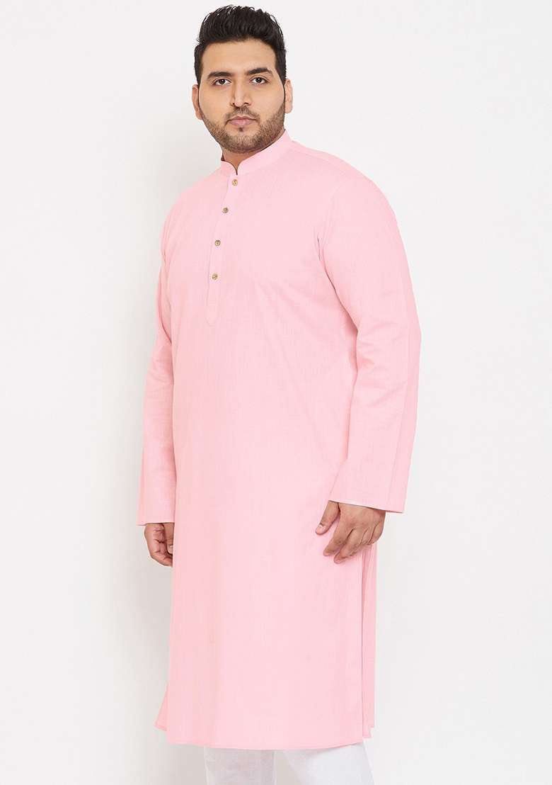 Baby Pink Plain Cotton Blend Kurta Set For Men - Indya