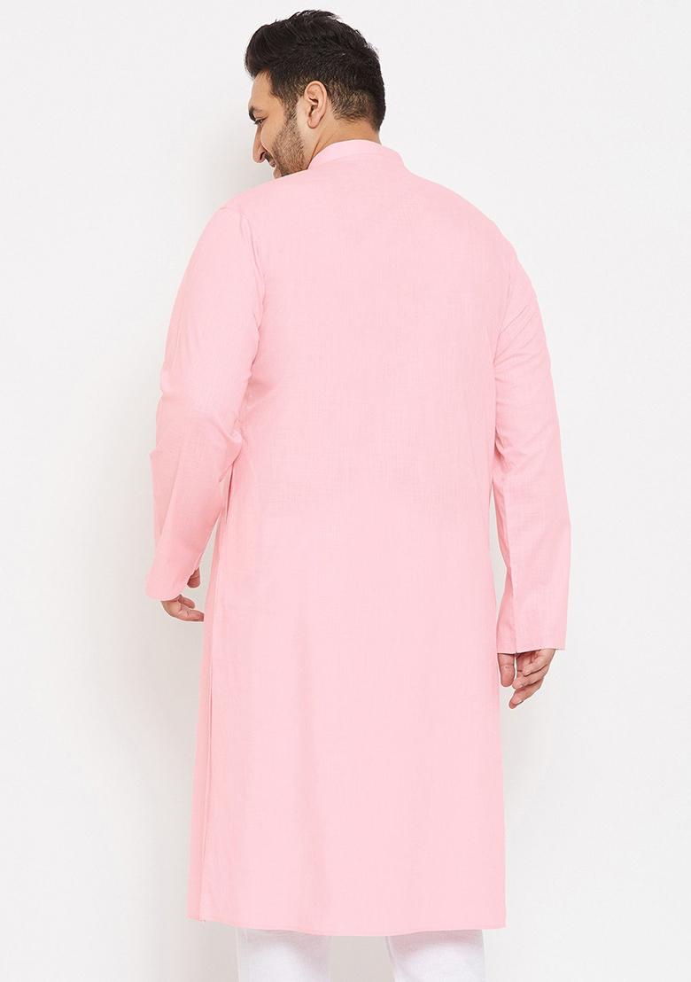 Baby Pink Plain Cotton Blend Kurta Set For Men