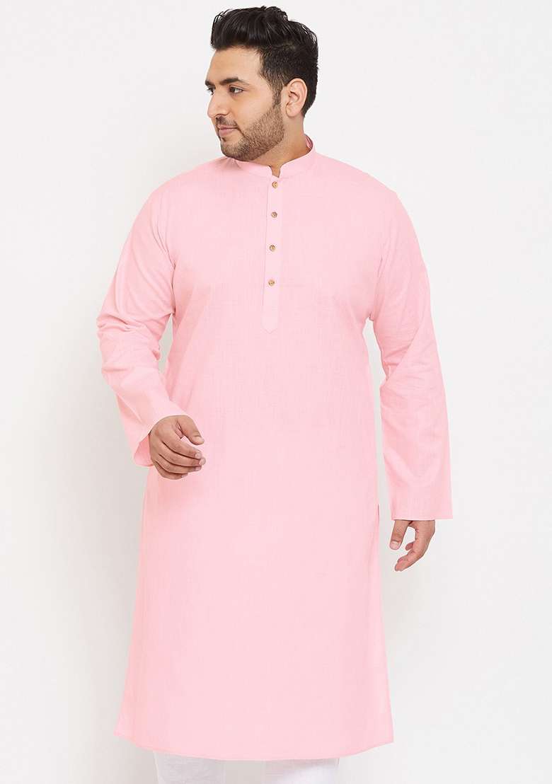 Baby Pink Plain Cotton Blend Kurta Set For Men - Indya