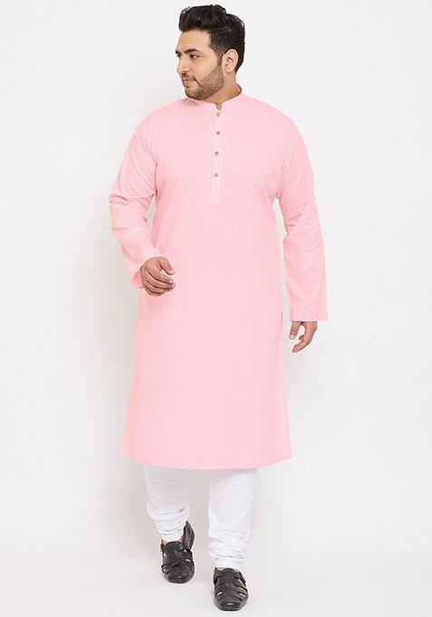 Baby Pink Plain Cotton Blend Kurta Set For Men