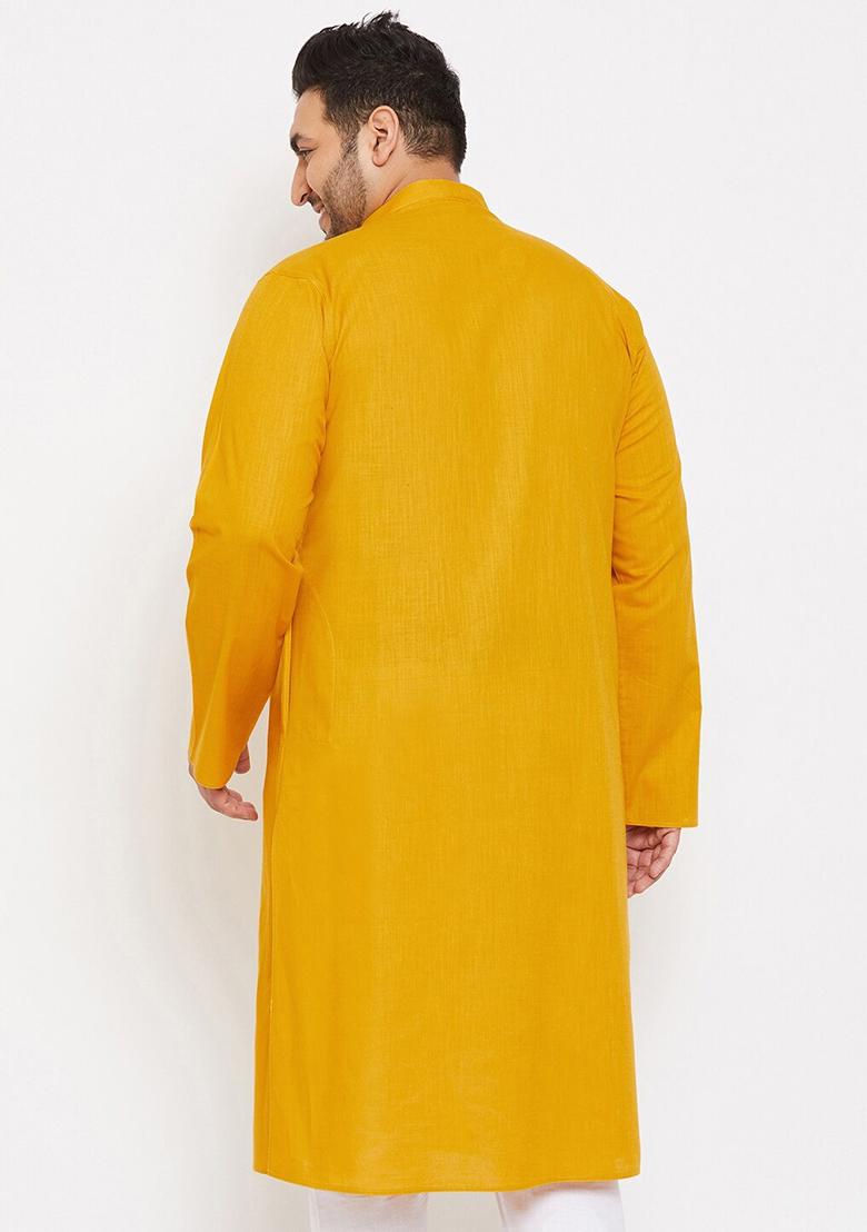 Mustard Yellow Plain Cotton Blend Kurta Set For Men