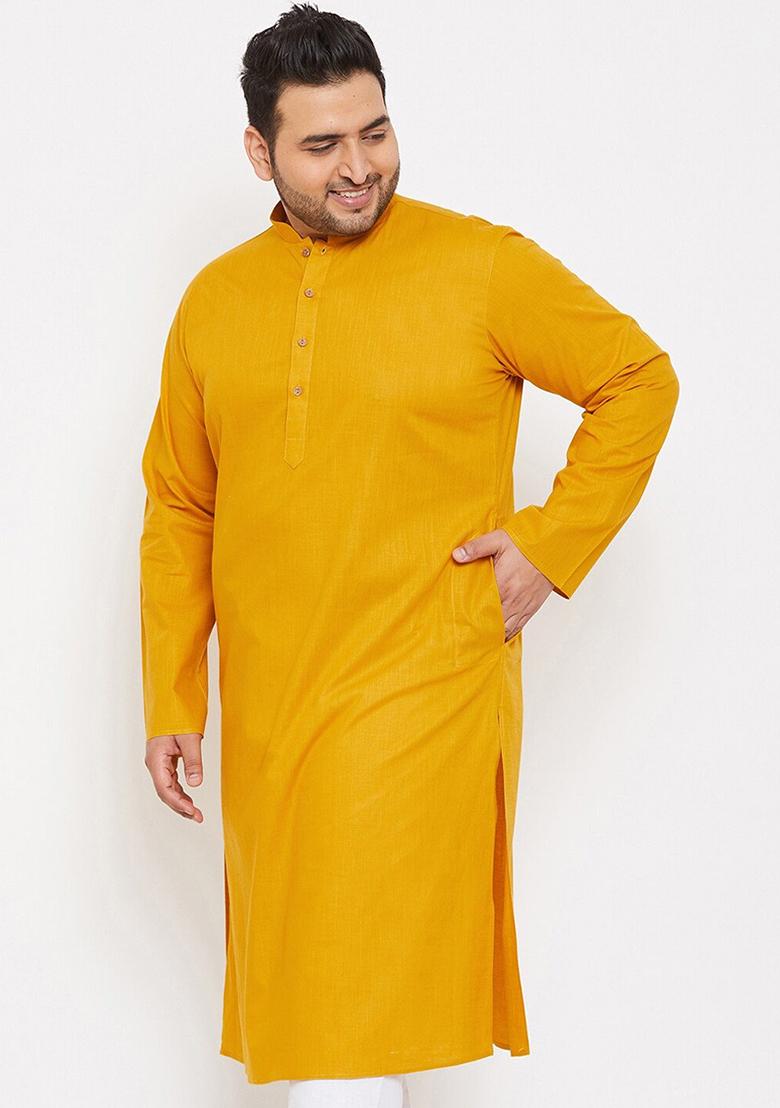 Mustard Yellow Plain Cotton Blend Kurta Set For Men