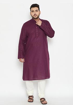 Purple Plain Cotton Blend Kurta Set For Men