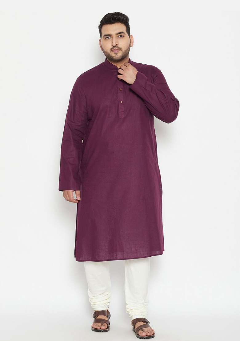 Purple Plain Cotton Blend Kurta Set For Men - Indya