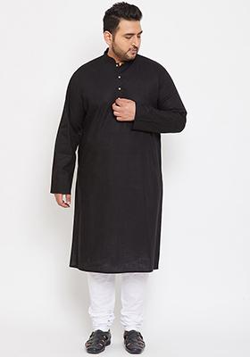 Black Plain Cotton Blend Kurta Set For Men