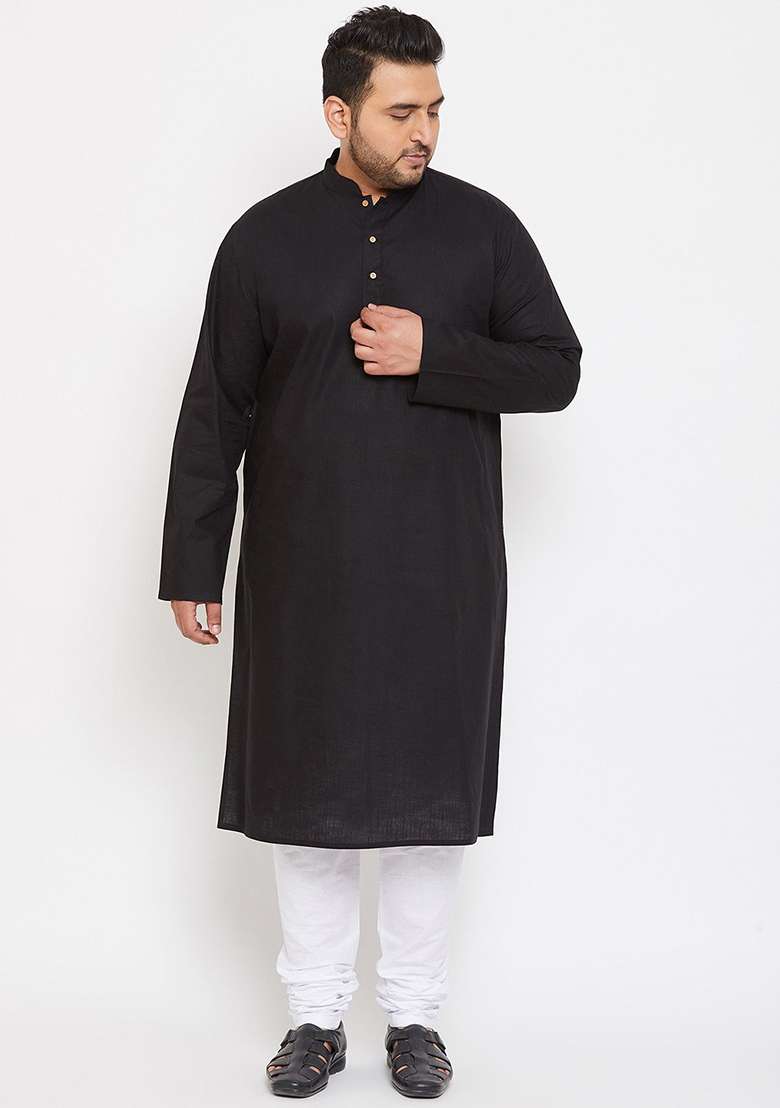 Black Plain Cotton Blend Kurta Set For Men - Indya
