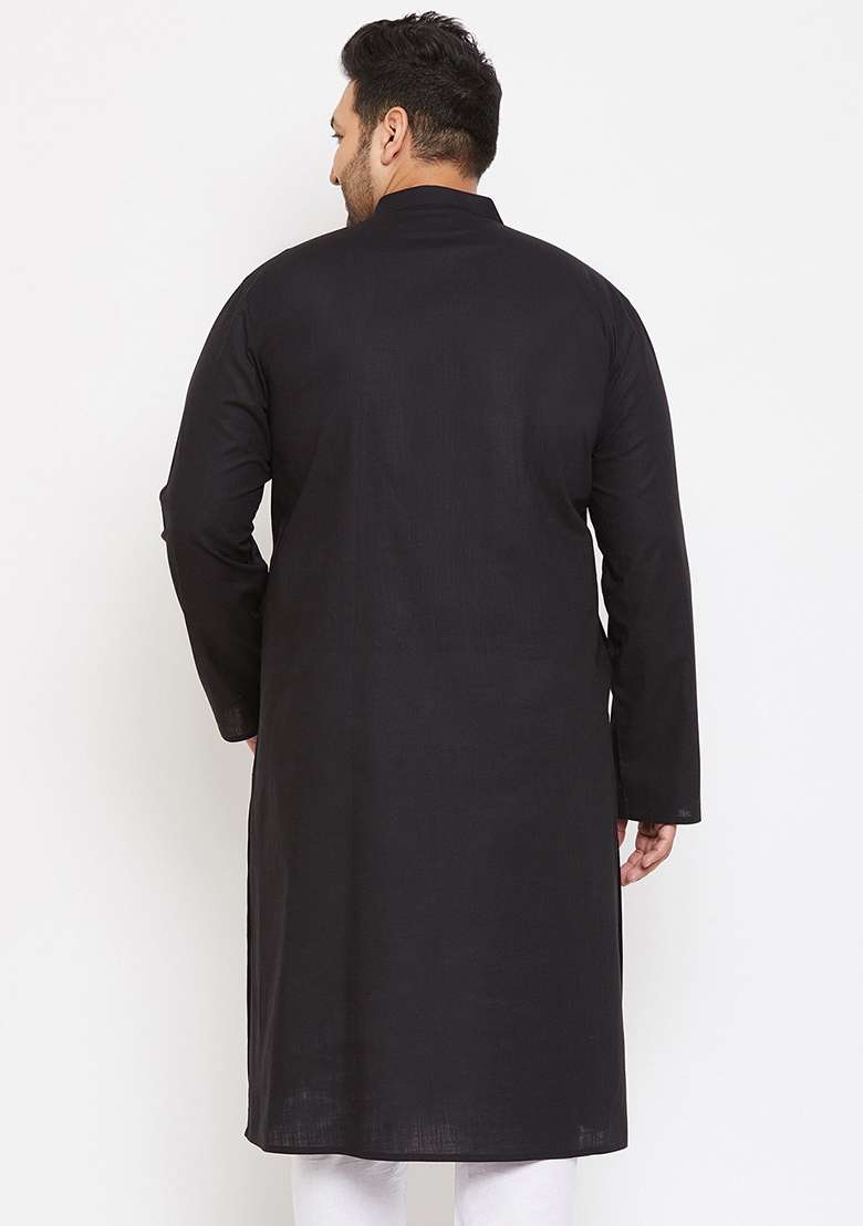 Black Plain Cotton Blend Kurta Set For Men - Indya