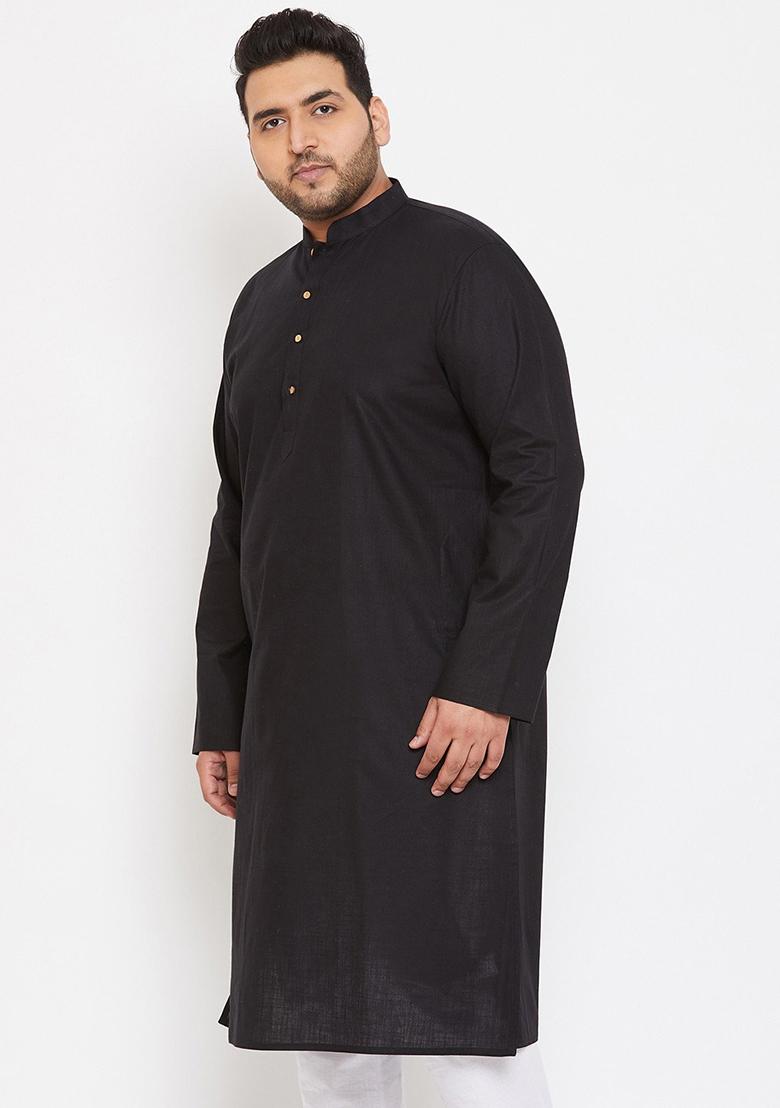 Black Plain Cotton Blend Kurta Set For Men