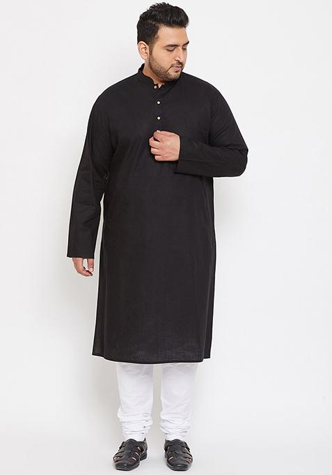 Black Plain Cotton Blend Kurta Set For Men — view on Indya
