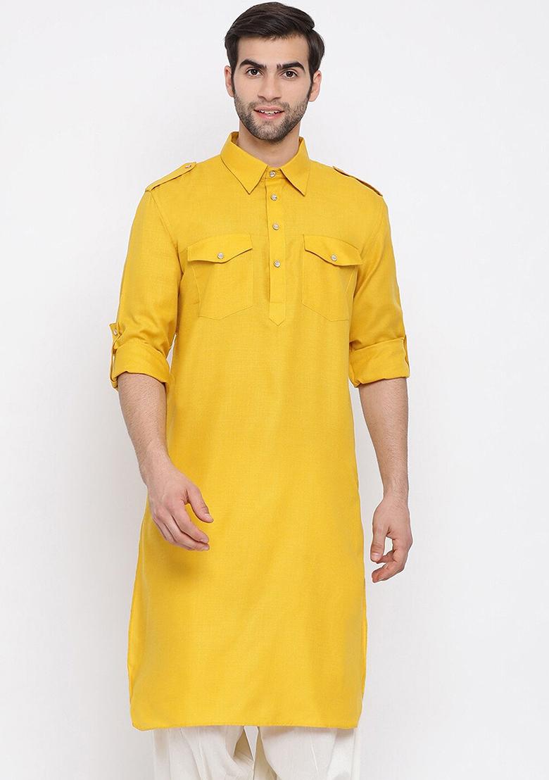 Yellow Plain Cotton Blend Kurta Set For Men