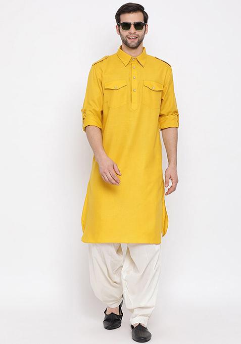 Yellow Plain Cotton Blend Kurta Set For Men